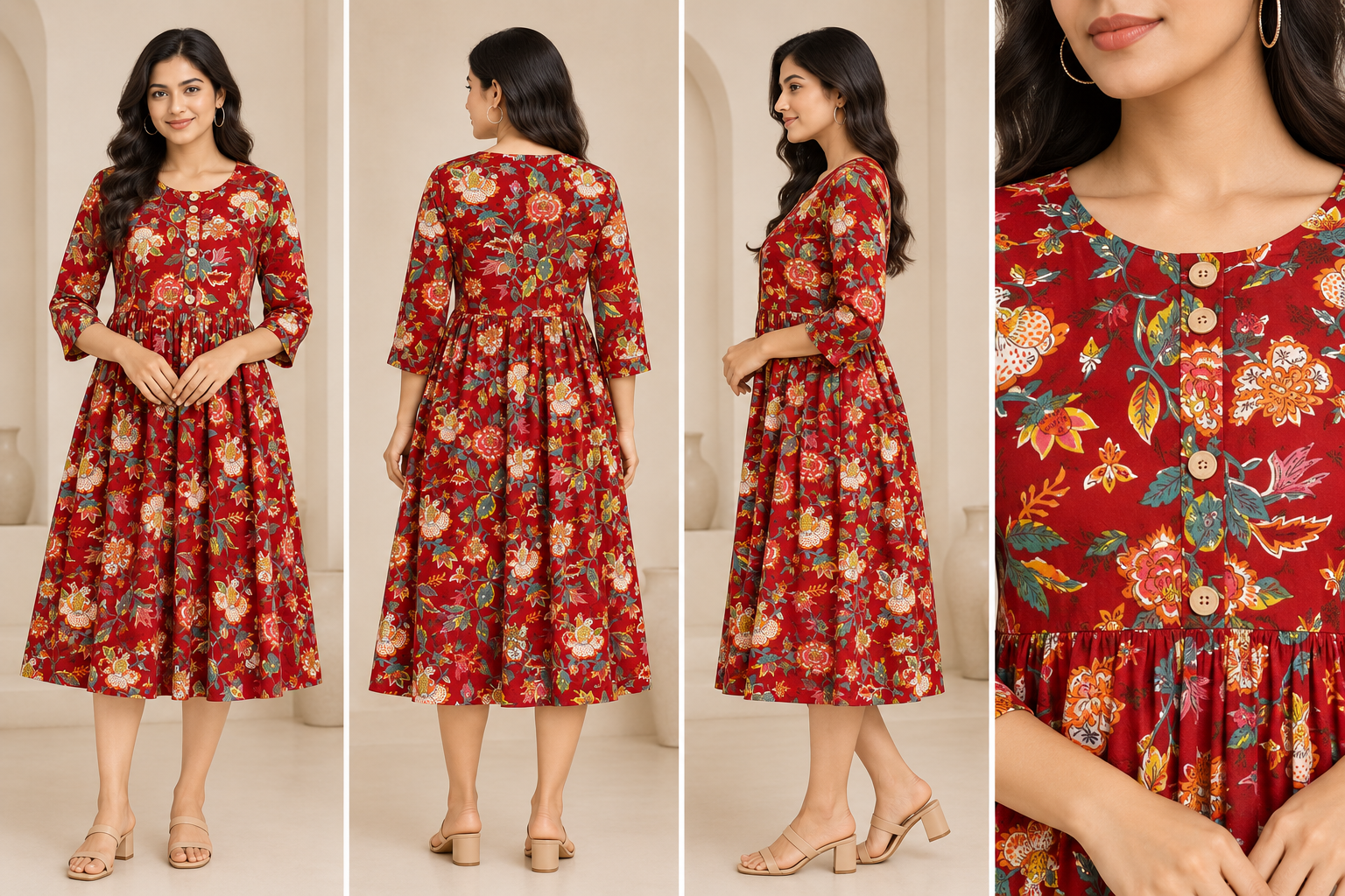 Floral Printed Women's Flared Kurti – Button Detail