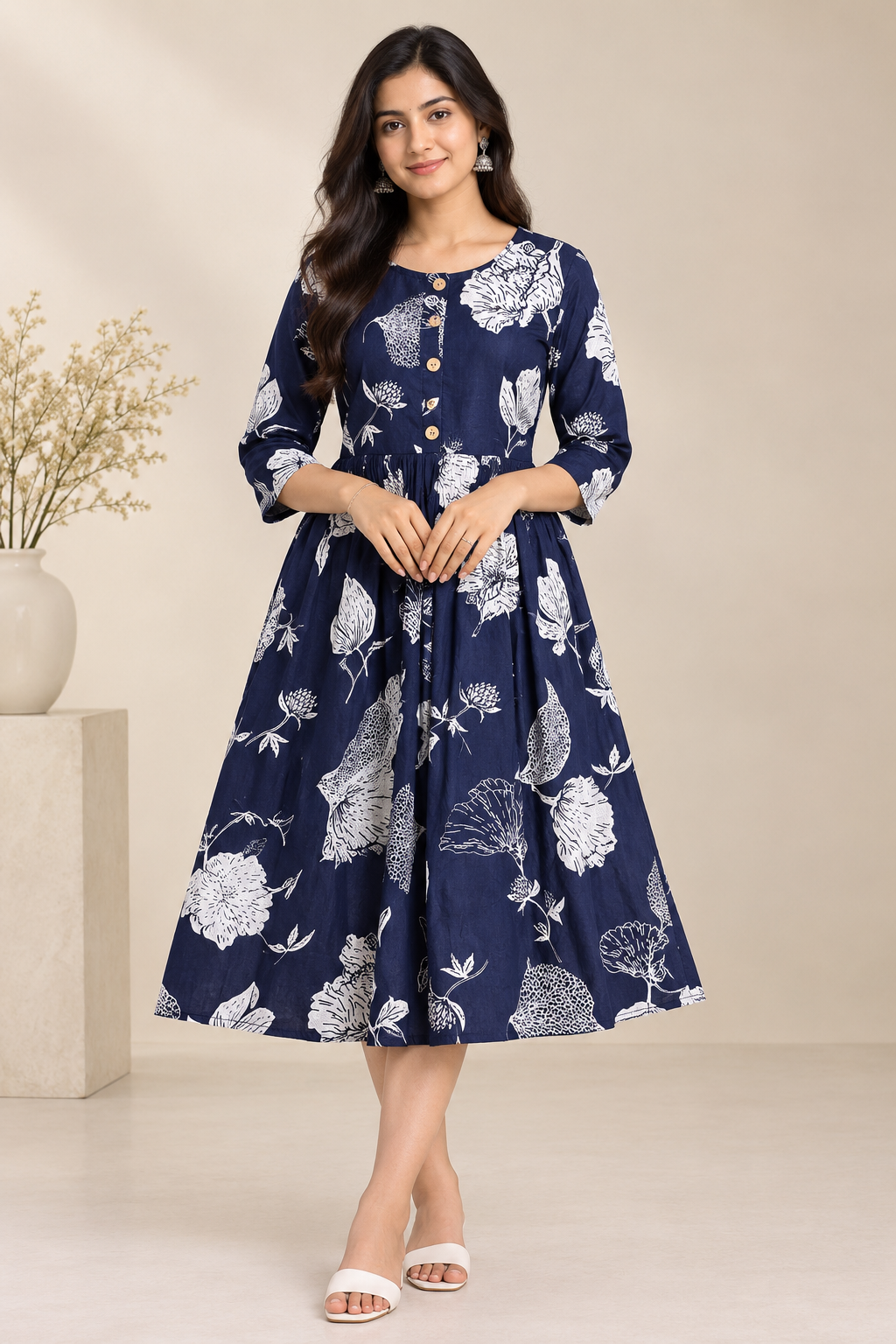 Floral Printed Women's Flared Kurti – Button Detail