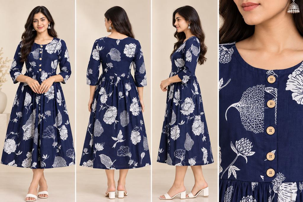 Floral Printed Women's Flared Kurti – Button Detail