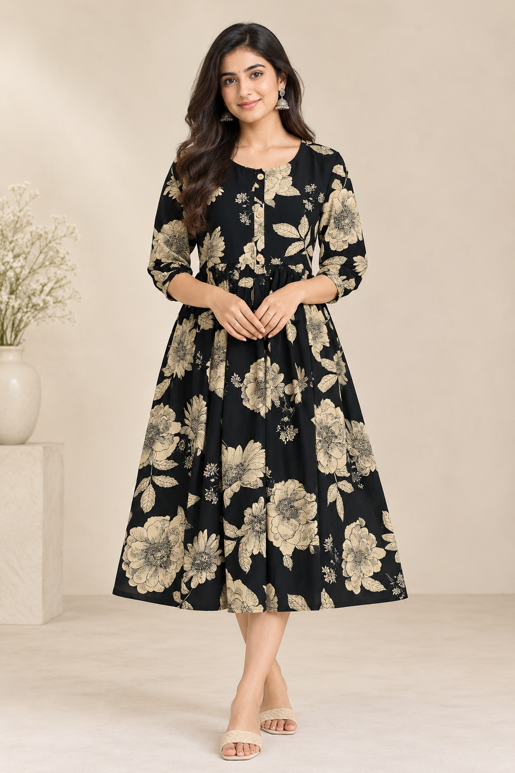 Floral Printed Women's Flared Kurti – Button Detail