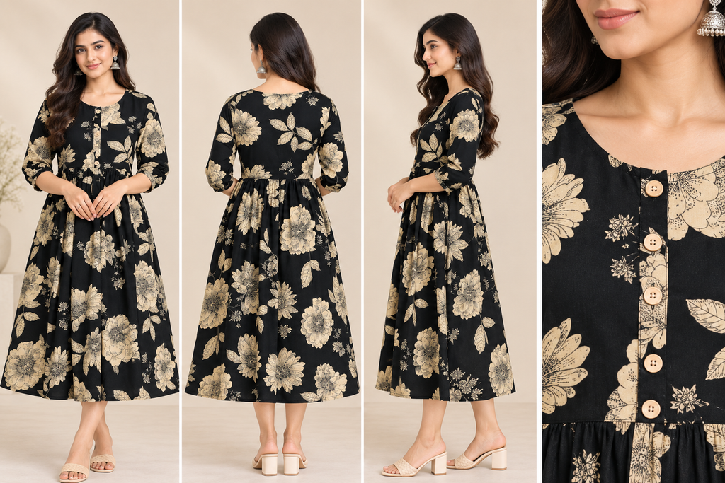 Floral Printed Women's Flared Kurti – Button Detail