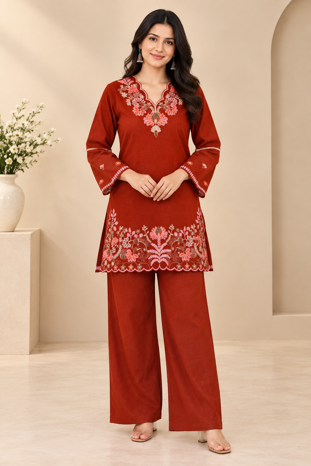 Floral Embroidered Women's Short Kurti Set