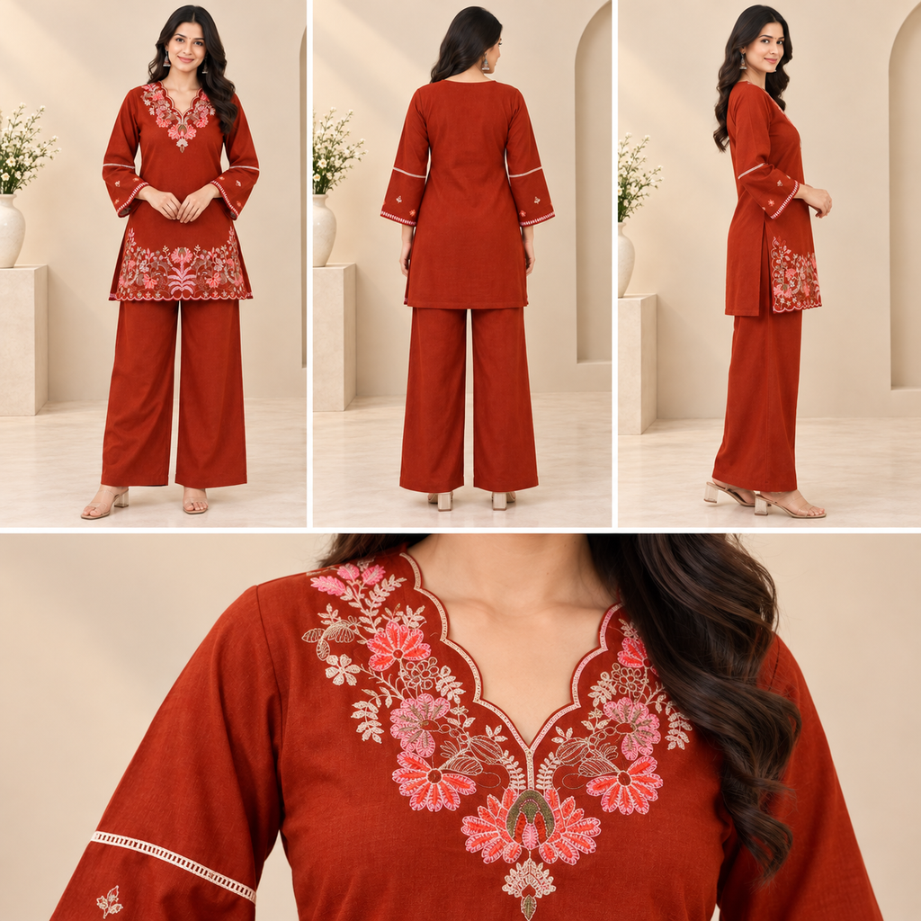 Floral Embroidered Women's Short Kurti Set