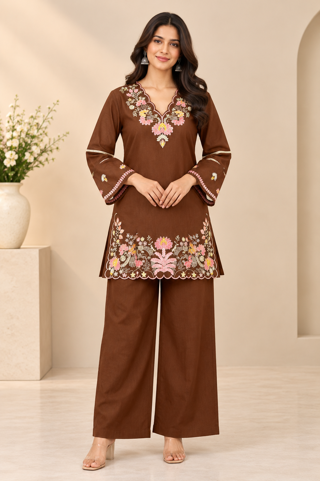 Floral Embroidered Women's Short Kurti Set