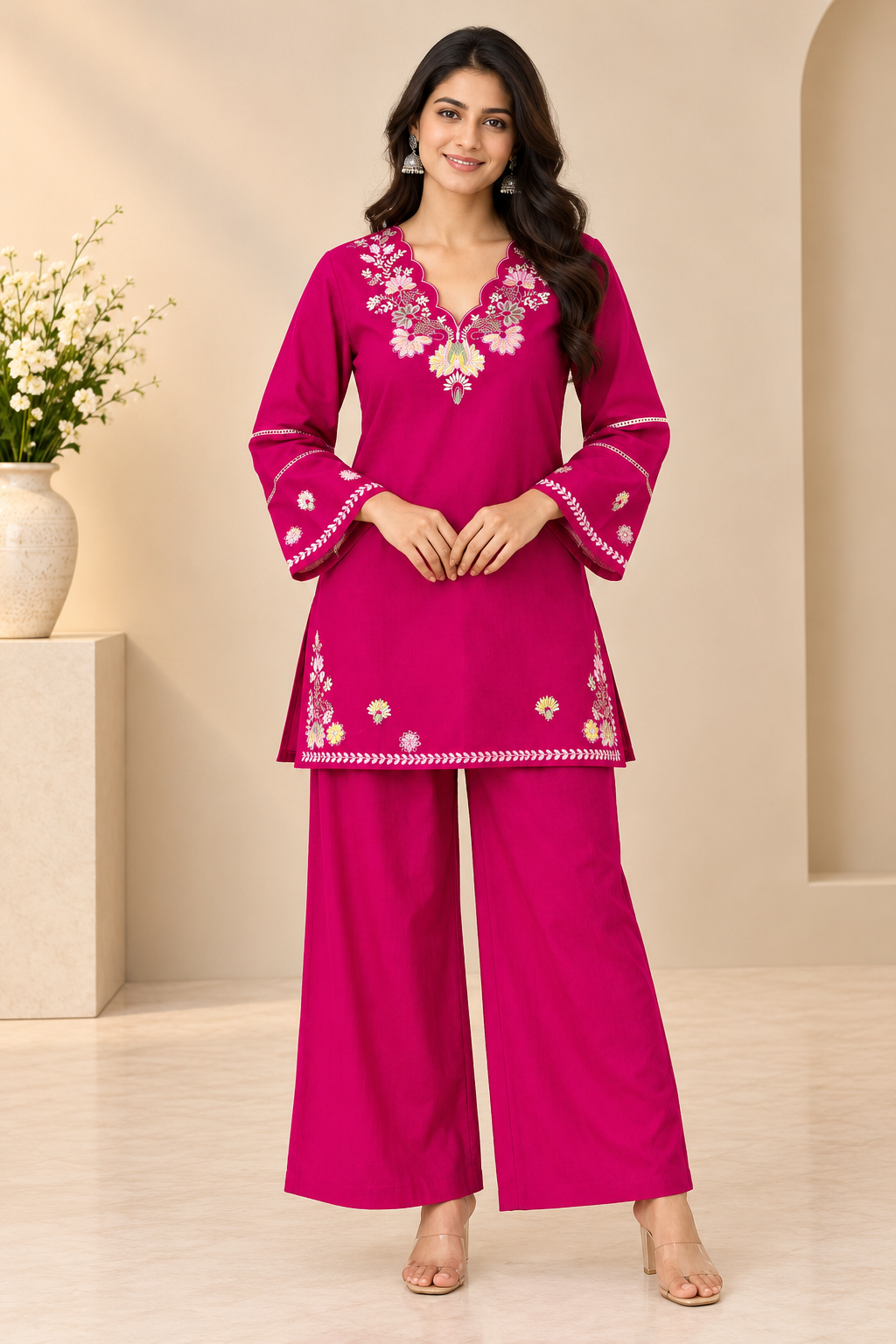 Floral Embroidered Women's Short Kurti Set