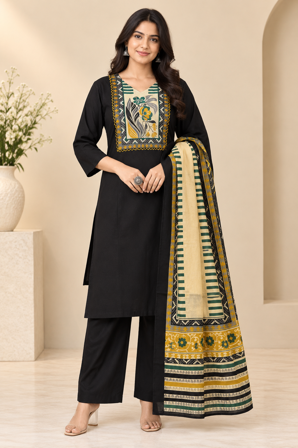Crimson Printed Women's Kurta Set – Artistic Yoke & Dupatta