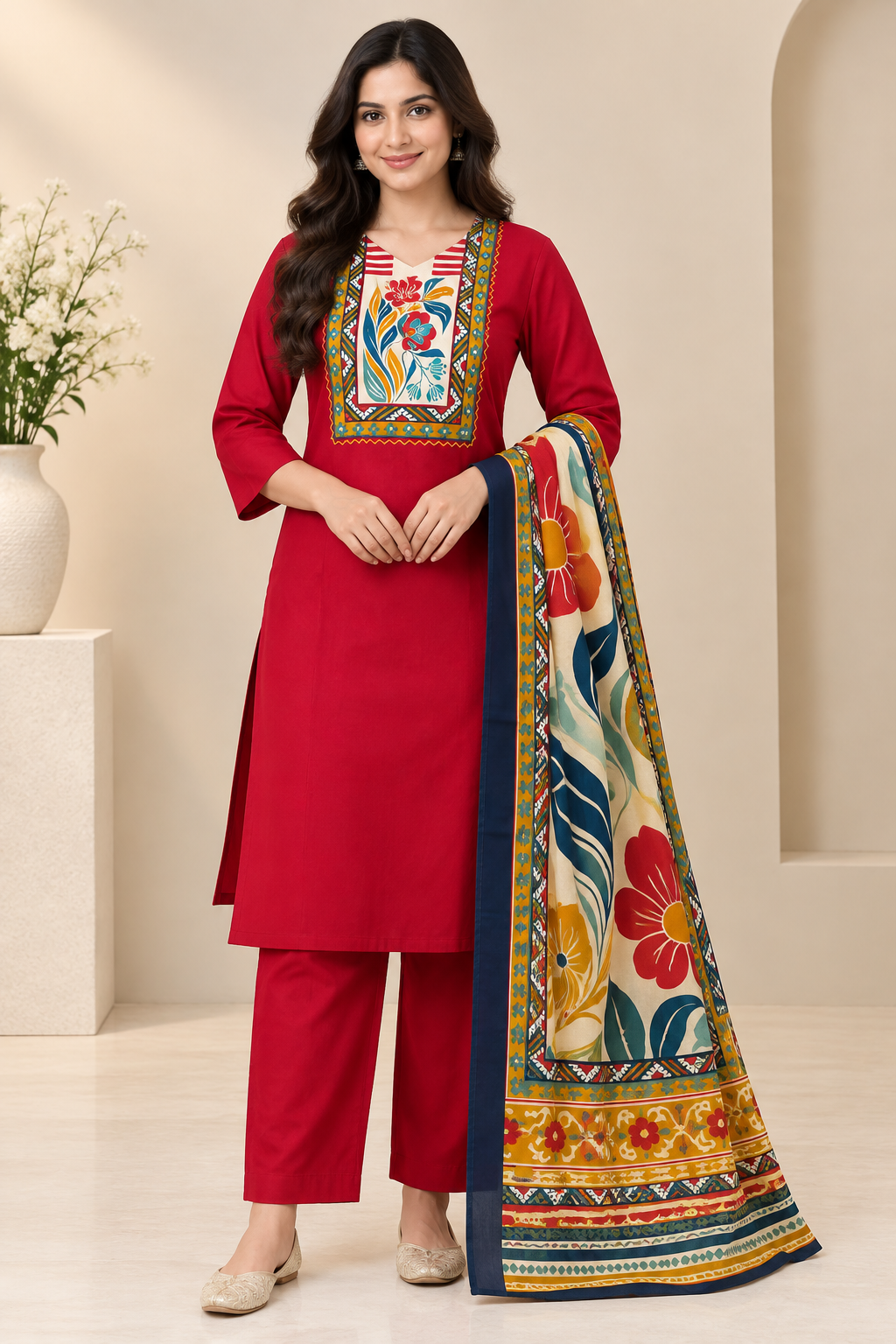 Crimson Printed Women's Kurta Set – Artistic Yoke & Dupatta
