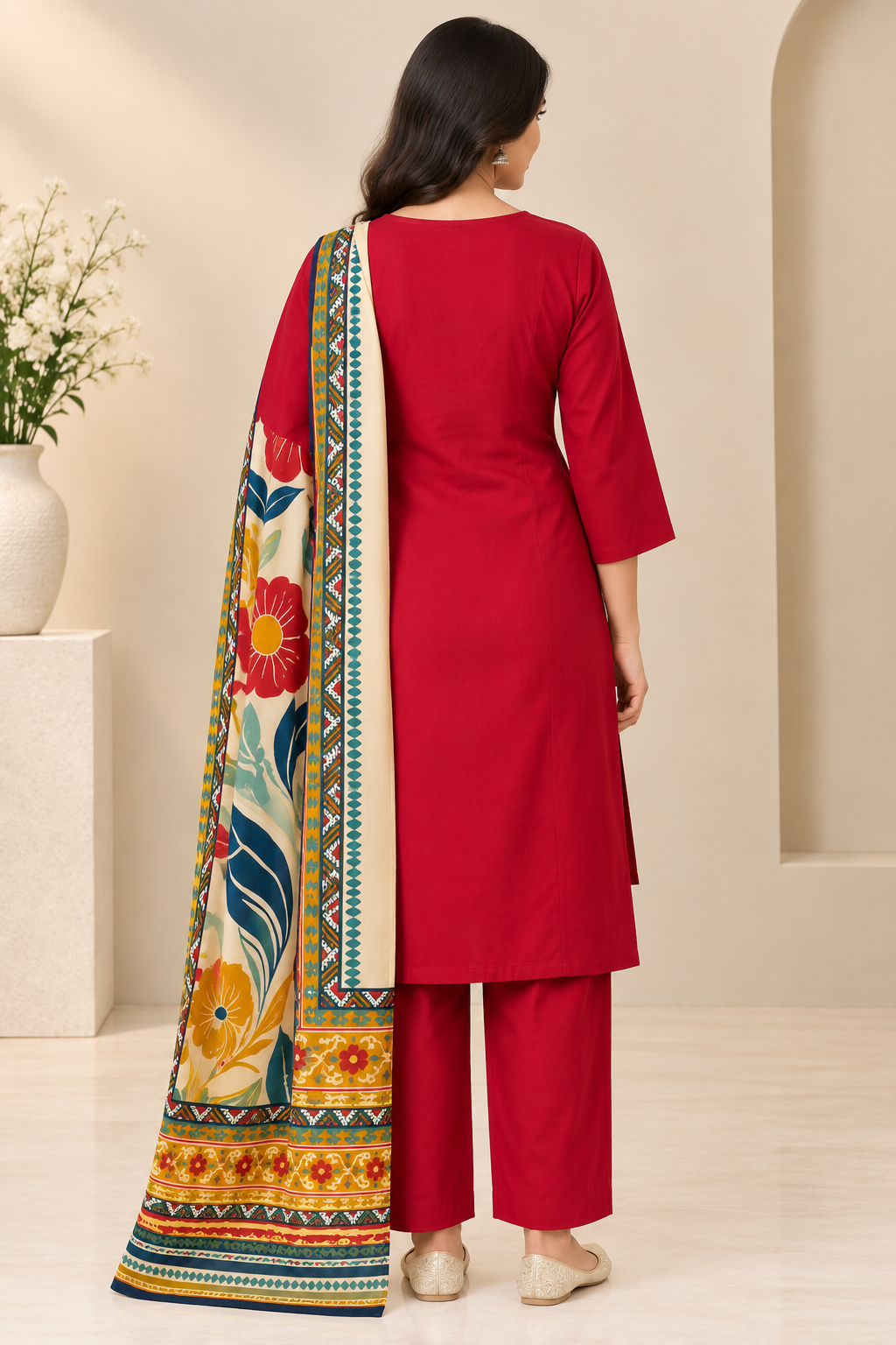 Crimson Printed Women's Kurta Set – Artistic Yoke & Dupatta