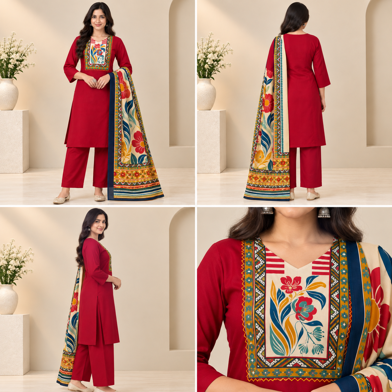 Crimson Printed Women's Kurta Set – Artistic Yoke & Dupatta