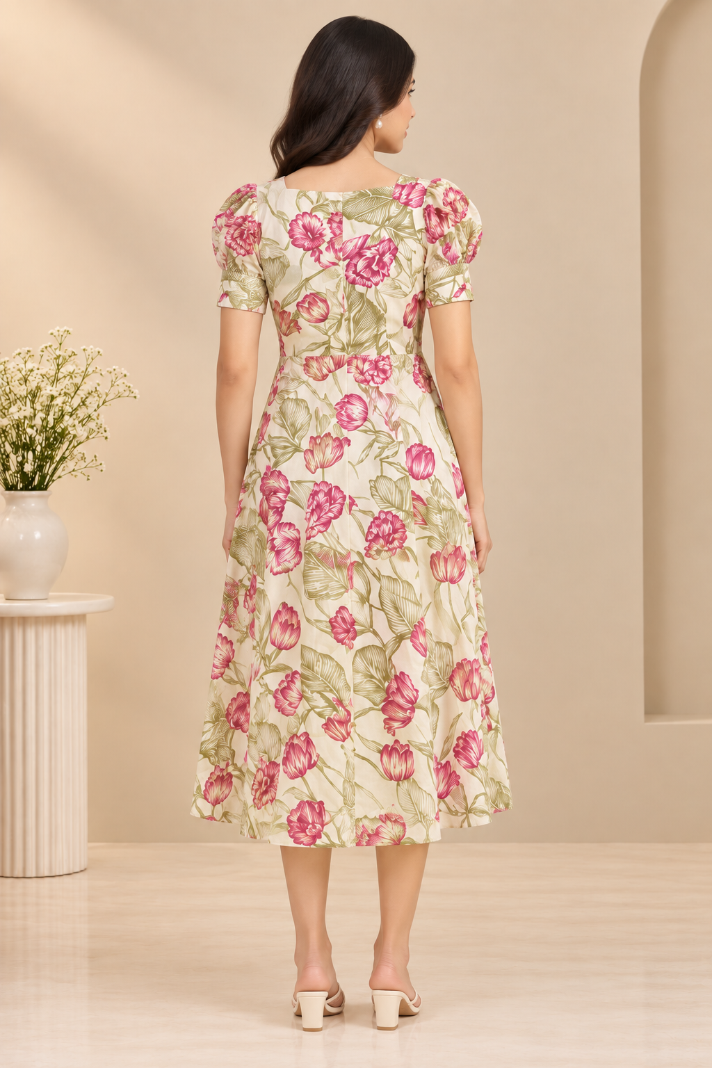 Floral Printed Women’s Midi Dress – Puff Sleeves