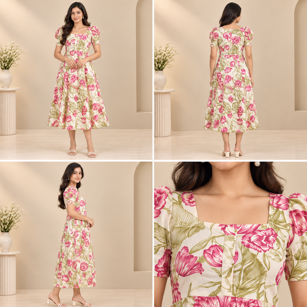 Floral Printed Women’s Midi Dress – Puff Sleeves