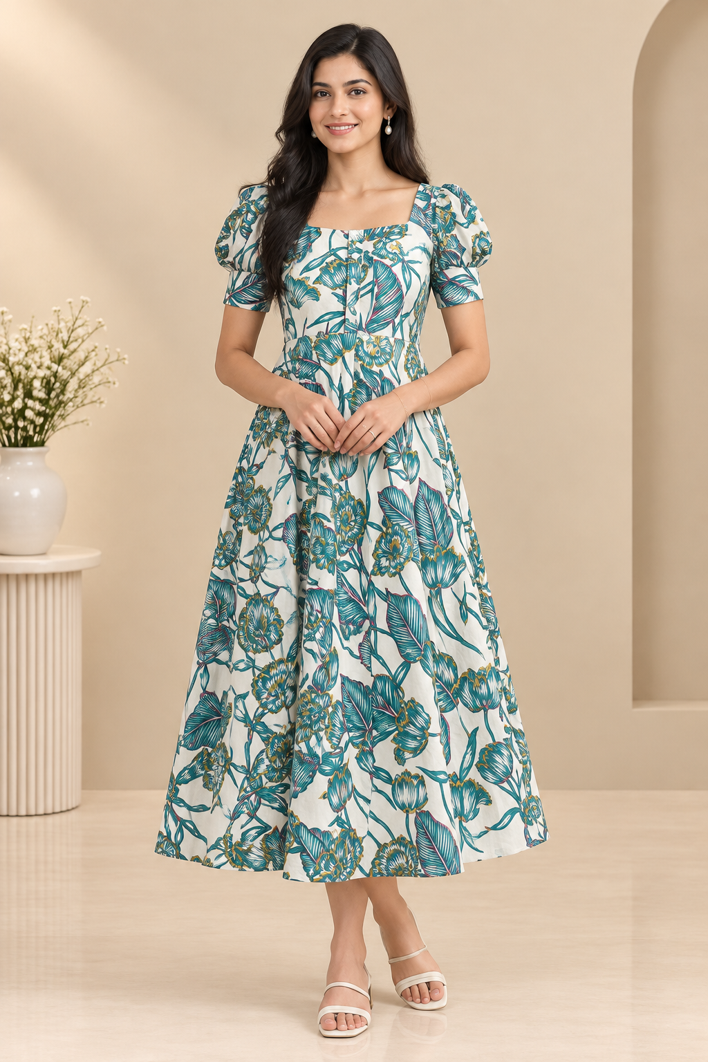 Floral Printed Women’s Midi Dress – Puff Sleeves