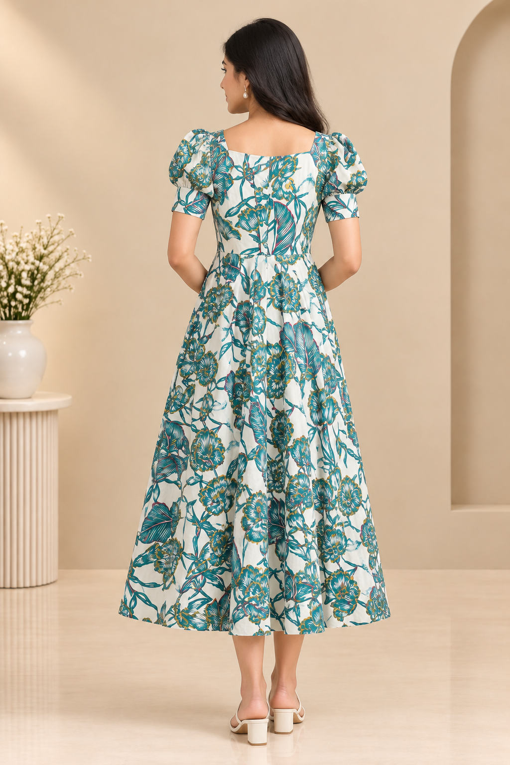 Floral Printed Women’s Midi Dress – Puff Sleeves