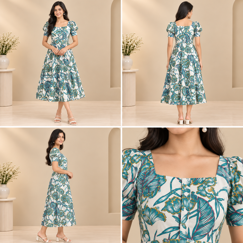 Floral Printed Women’s Midi Dress – Puff Sleeves