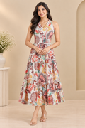 Ivory Multicolour Printed Women’s Midi Dress – Tiered A-Line Style