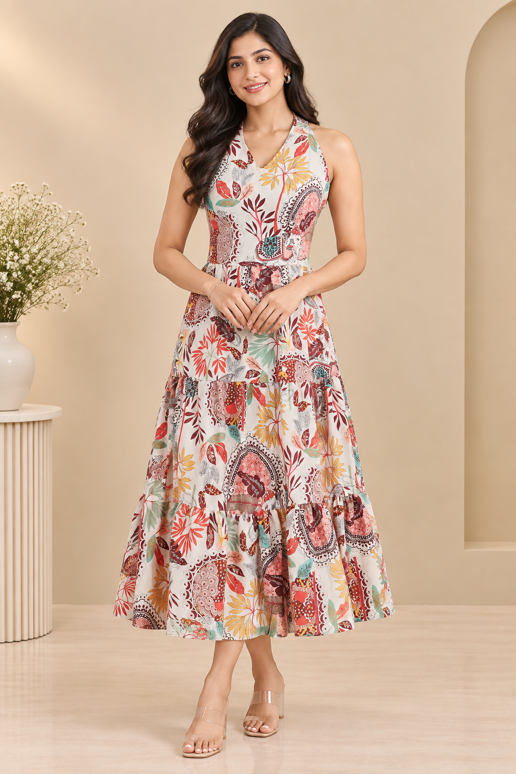 Ivory Multicolour Printed Women’s Midi Dress – Tiered A-Line Style