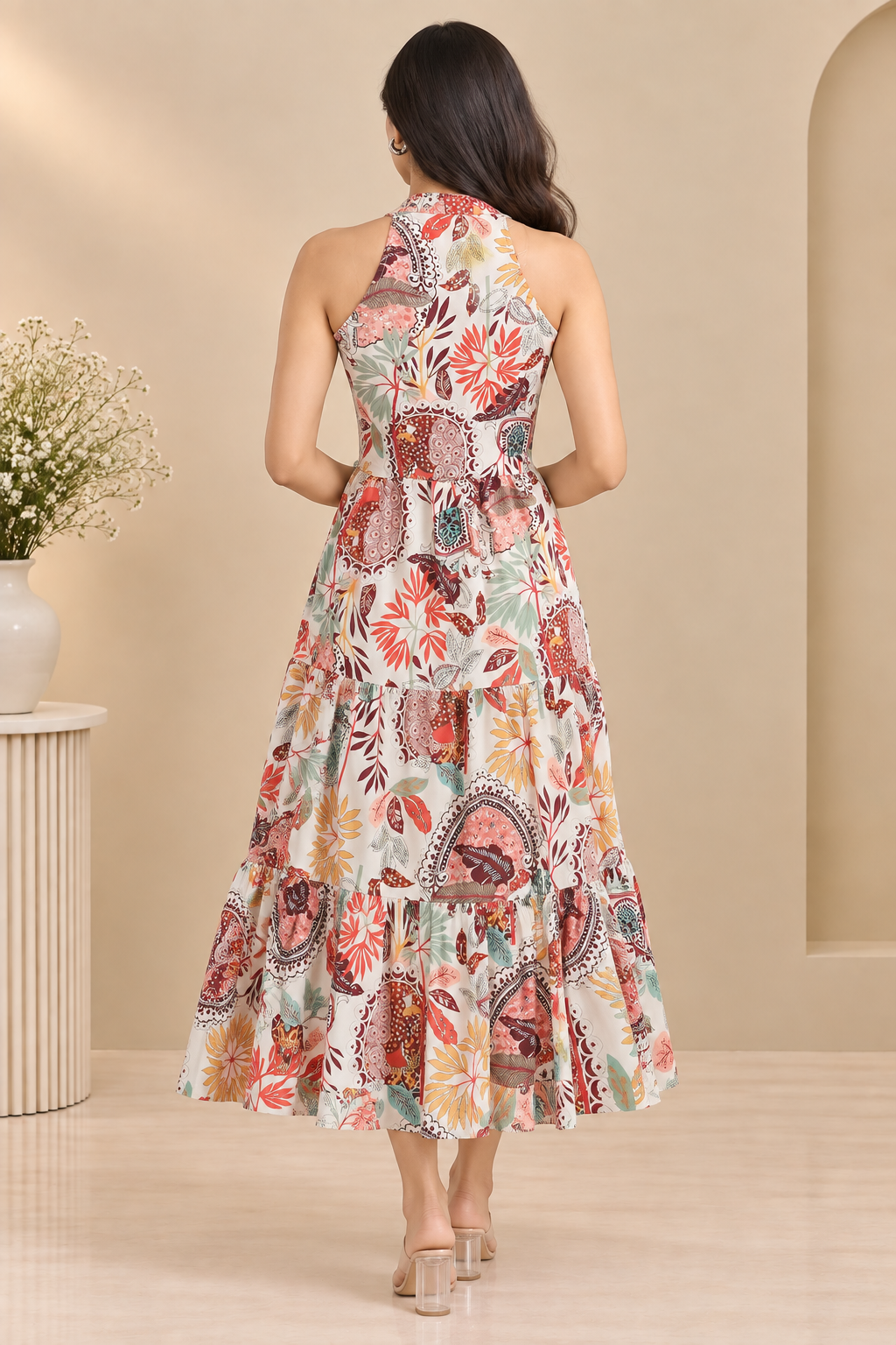 Ivory Multicolour Printed Women’s Midi Dress – Tiered A-Line Style