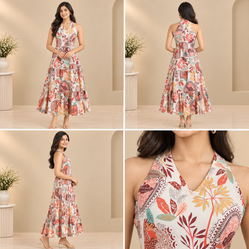 Ivory Multicolour Printed Women’s Midi Dress – Tiered A-Line Style