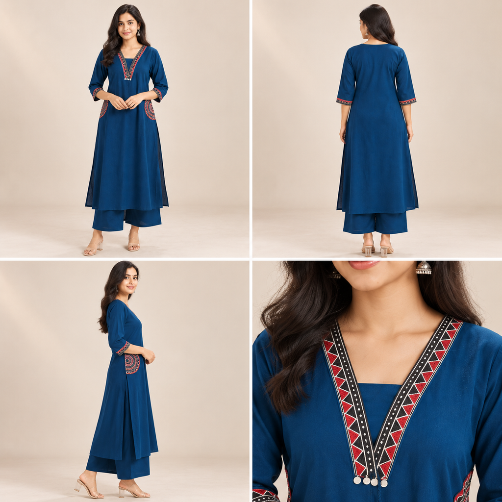 Embroidered Women’s Kurta Pant Set – Geometric Detail