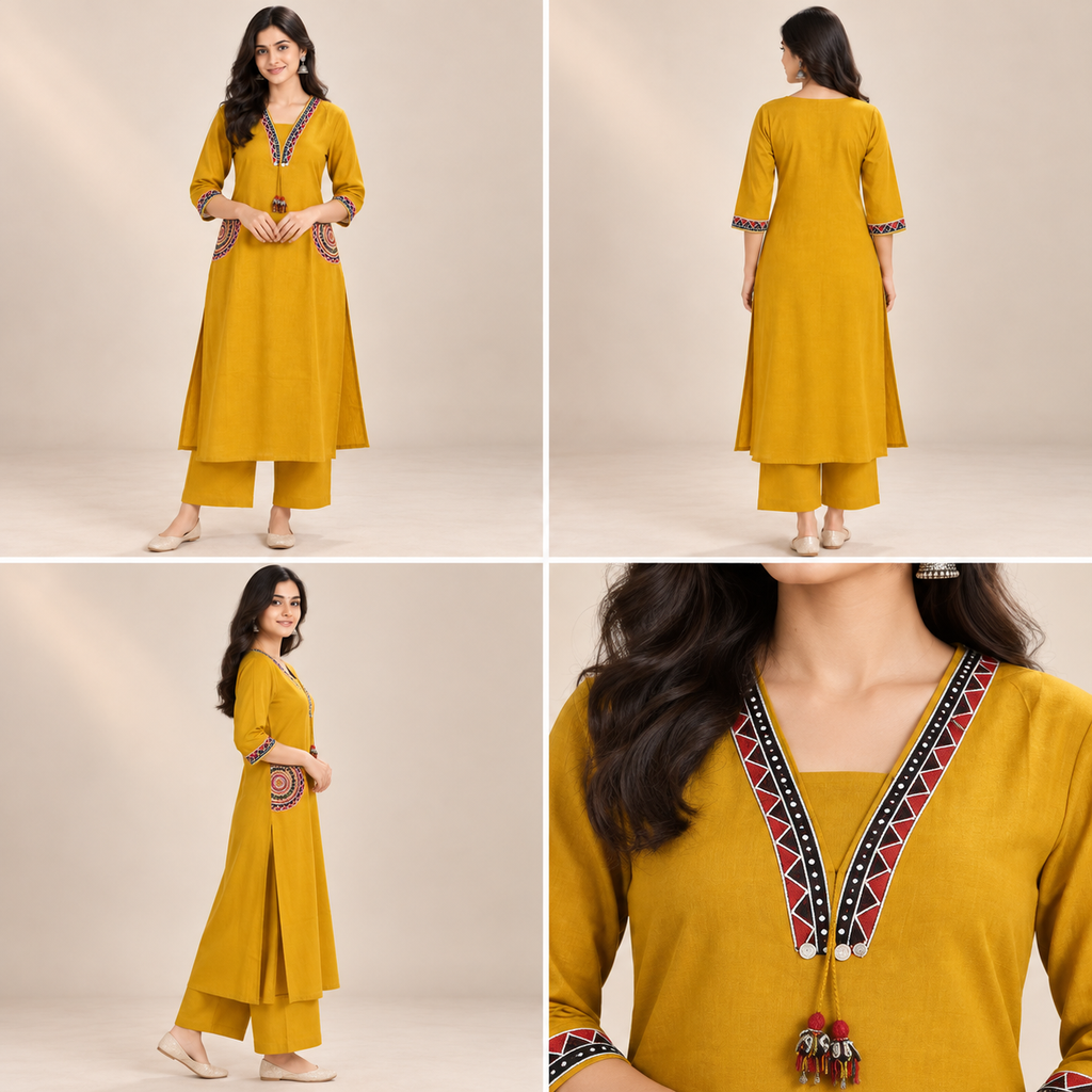 Embroidered Women’s Kurta Pant Set – Geometric Detail