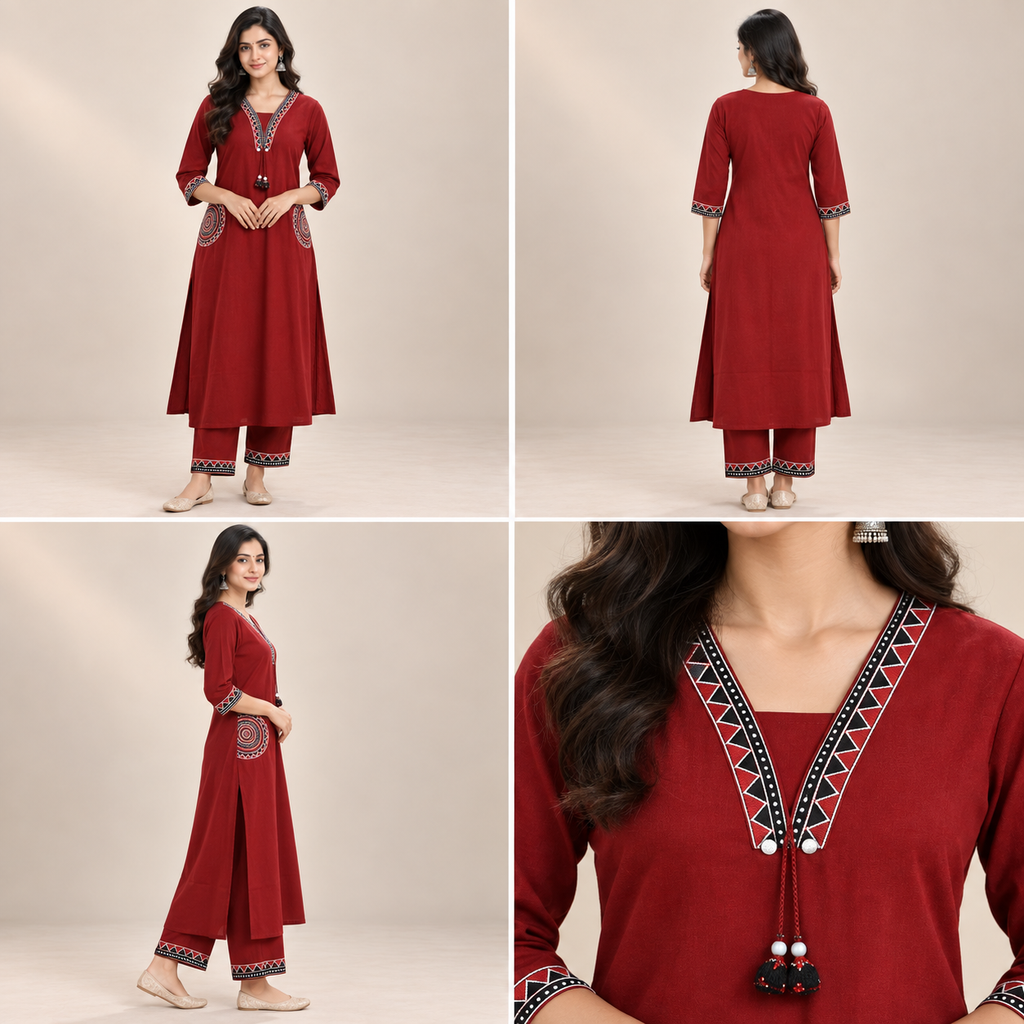 Embroidered Women’s Kurta Pant Set – Geometric Detail
