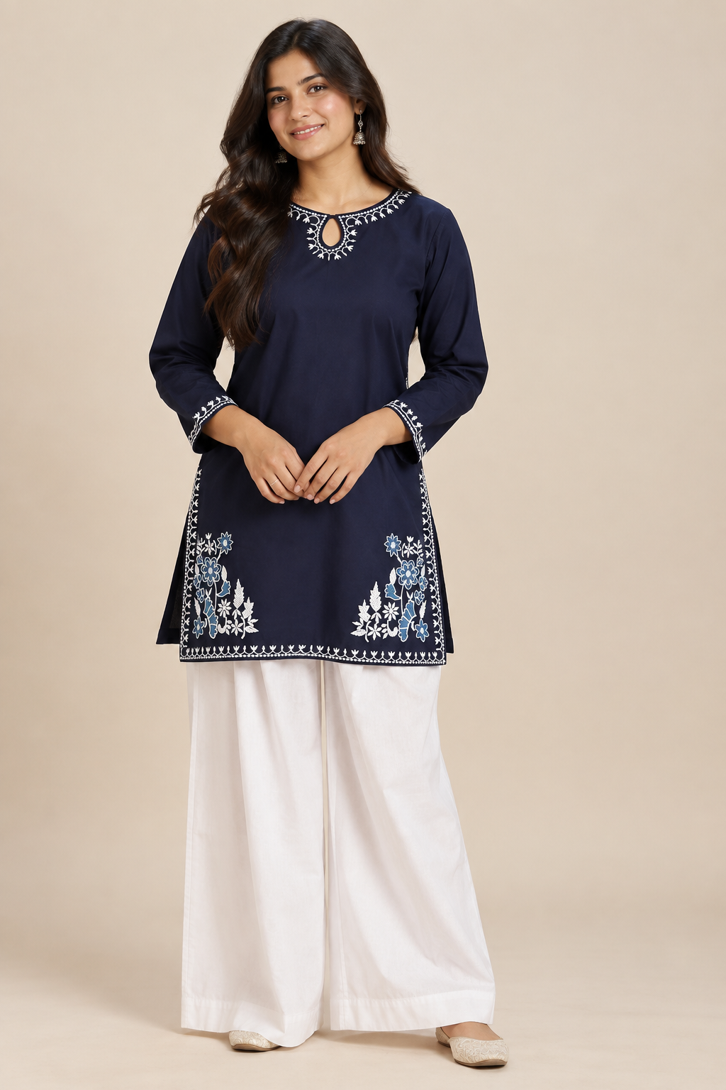 Embroidered Women's Short Kurti – Keyhole Neck