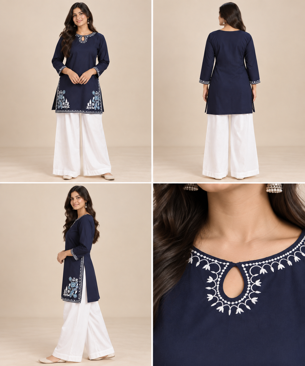 Embroidered Women's Short Kurti – Keyhole Neck