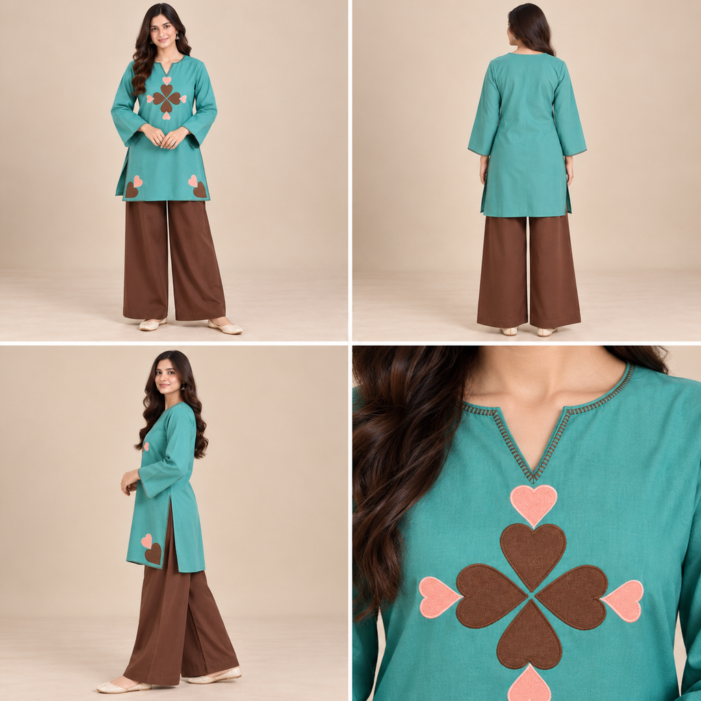 A woman modeling a turquoise long kurta with brown wide-leg pants, shown in front, back, and close-up views against a plain beige studio background. The kurta has embroidered floral motifs and heart details, and the image includes a close-up of the neckline and chest embroidery.