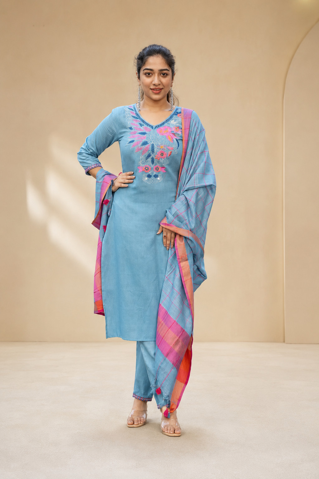 Sky Blue Floral Embroidered Women's Kurta Set – V-Neck