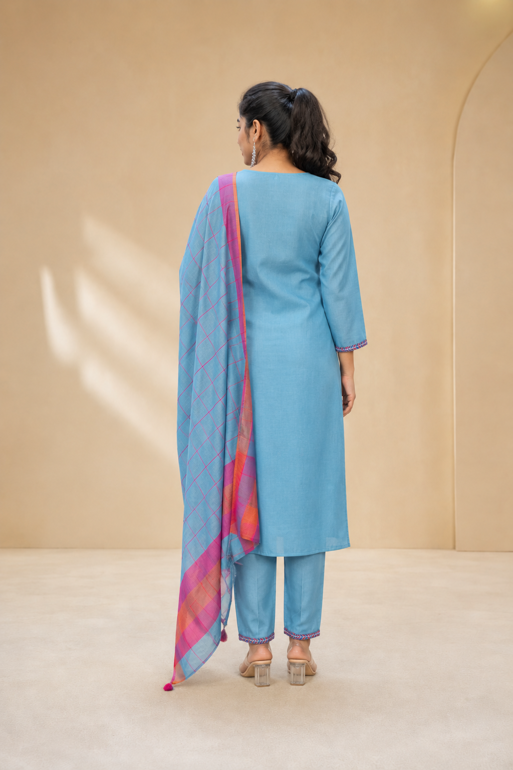 Sky Blue Floral Embroidered Women's Kurta Set – V-Neck
