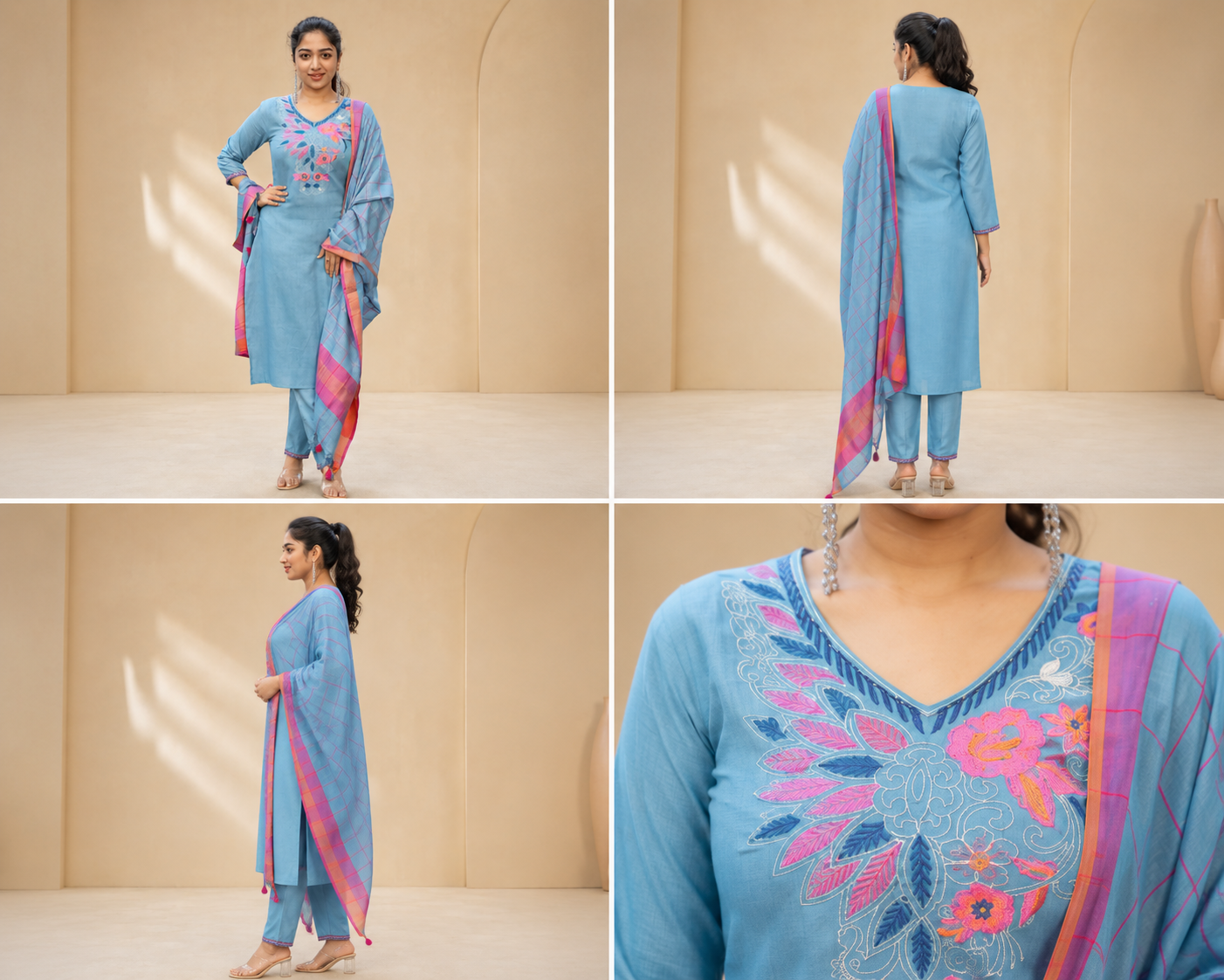 Sky Blue Floral Embroidered Women's Kurta Set – V-Neck