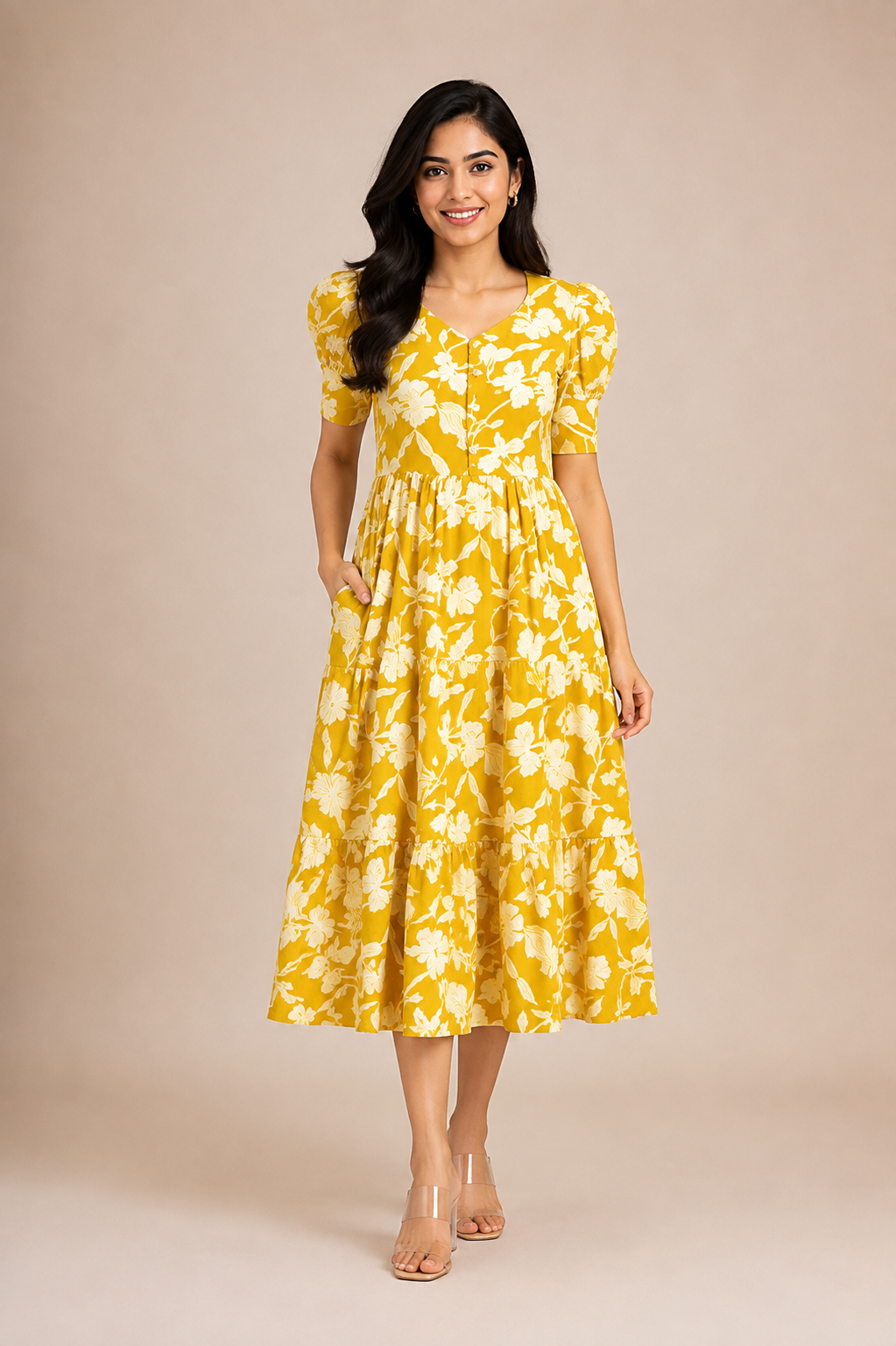 Women's Pure Cotton Printed Midi Kurti with Puff Sleeves