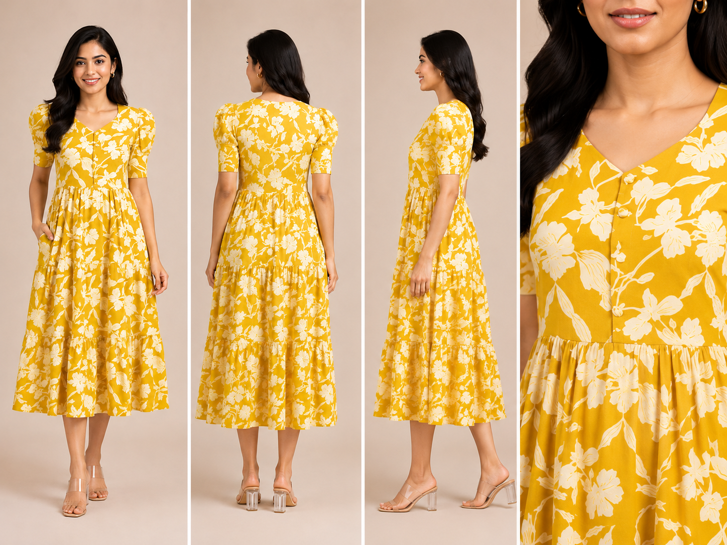 Women's Pure Cotton Printed Midi Kurti with Puff Sleeves