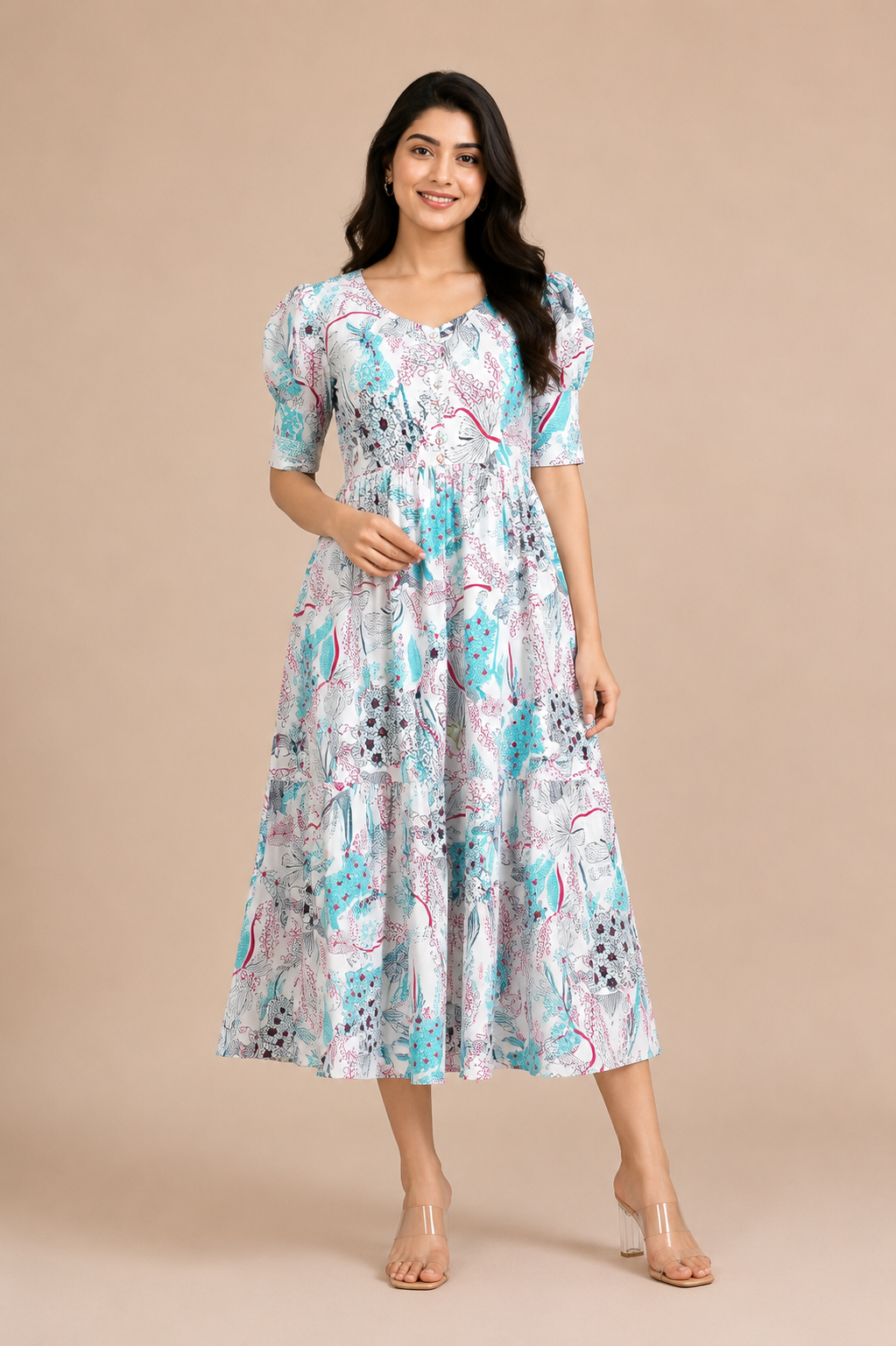 Women's Pure Cotton Printed Midi Kurti with Puff Sleeves