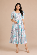 Women's Pure Cotton Printed Midi Kurti with Puff Sleeves