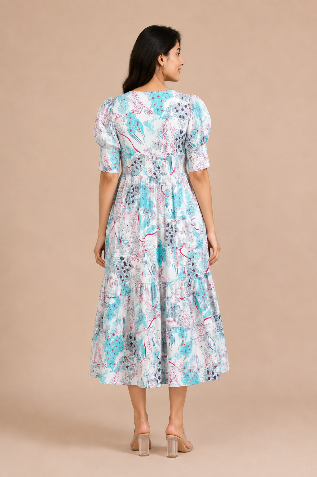 Women's Pure Cotton Printed Midi Kurti with Puff Sleeves