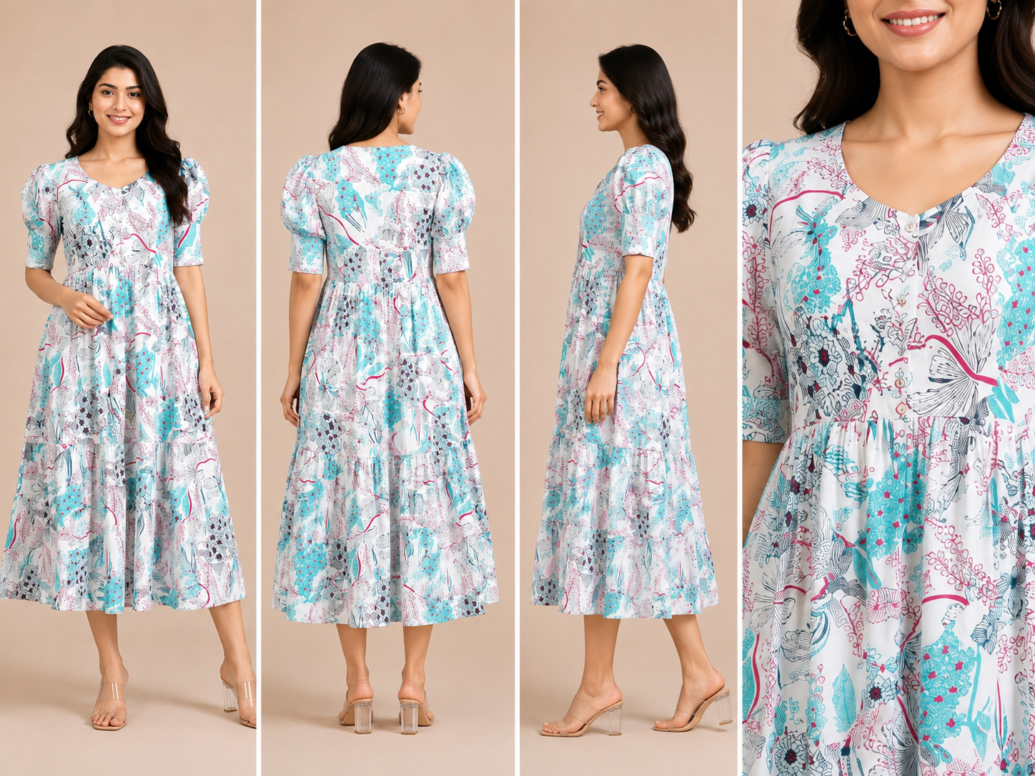 Women's Pure Cotton Printed Midi Kurti with Puff Sleeves
