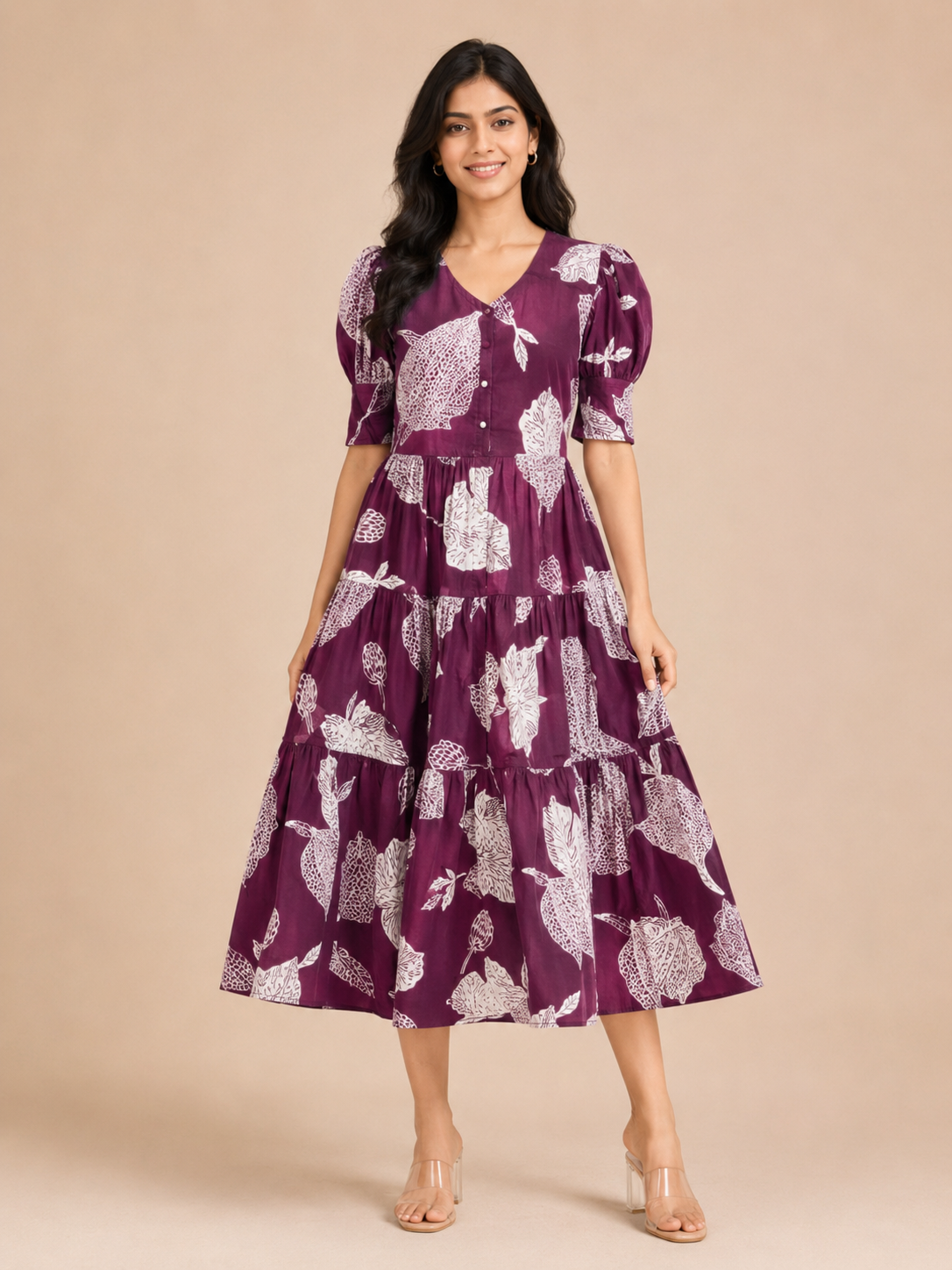 Women's Pure Cotton Printed Midi Kurti with Puff Sleeves