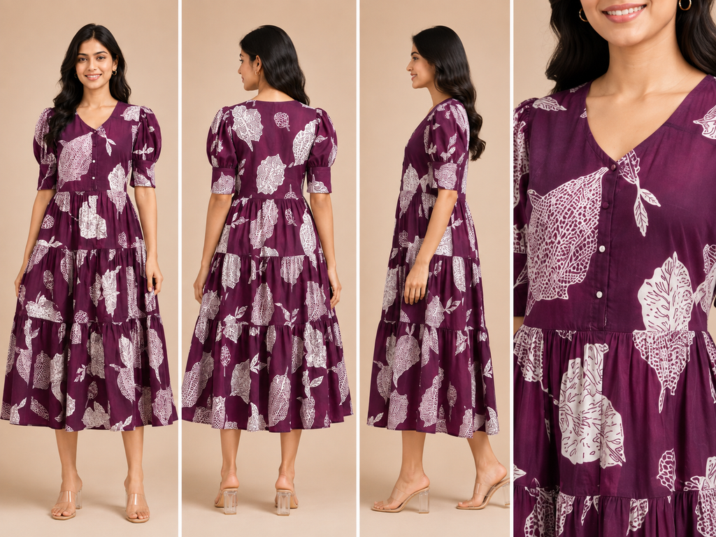 Women's Pure Cotton Printed Midi Kurti with Puff Sleeves