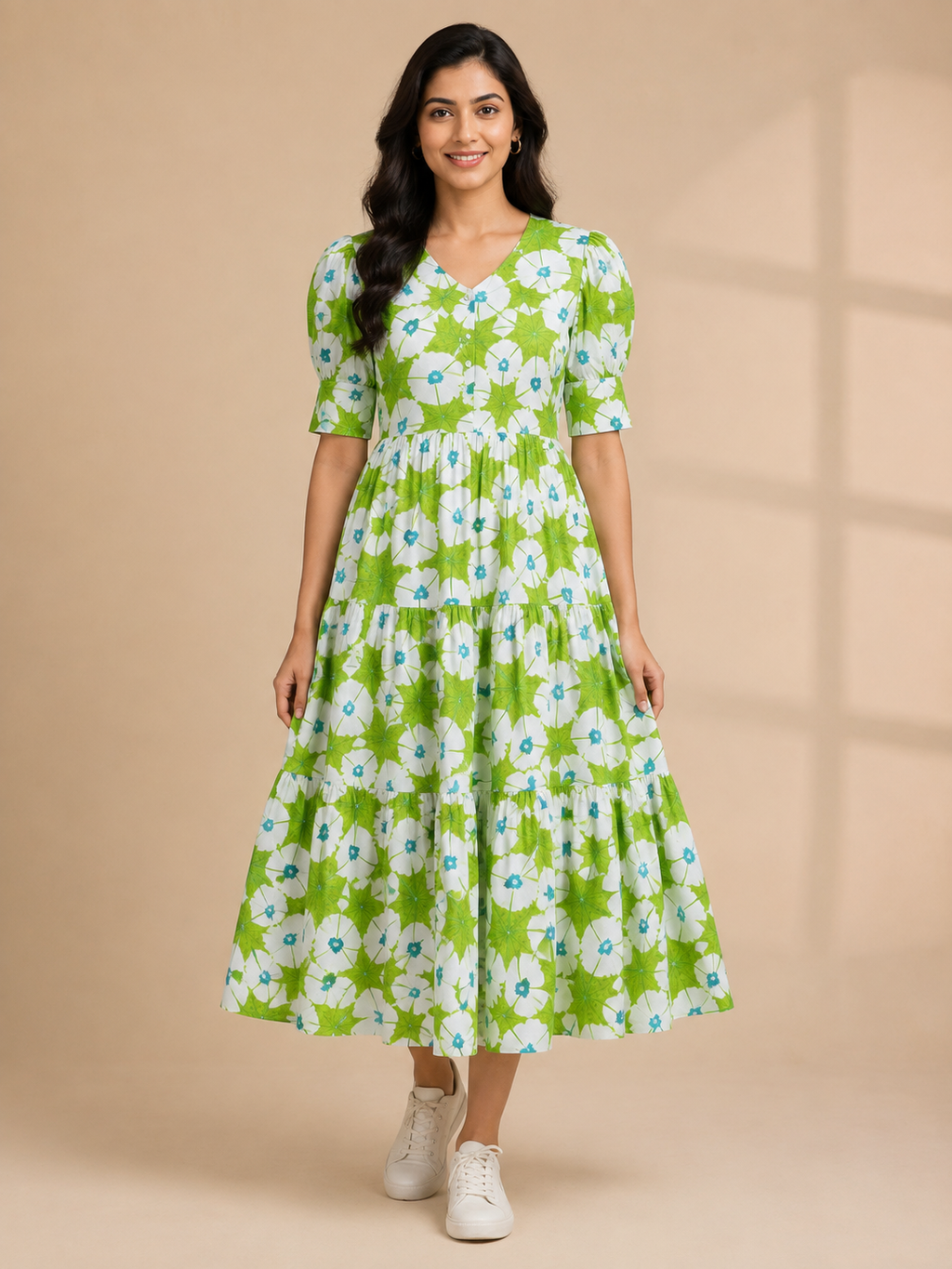 Women's Pure Cotton Printed Midi Kurti with Puff Sleeves