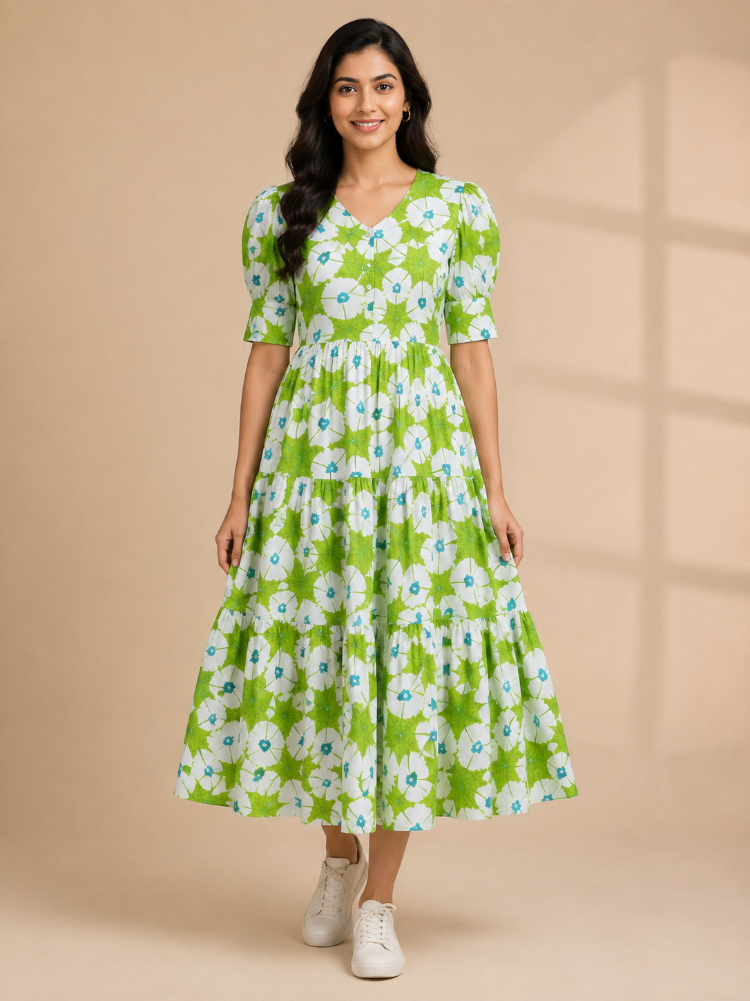 Women's Pure Cotton Printed Midi Kurti with Puff Sleeves
