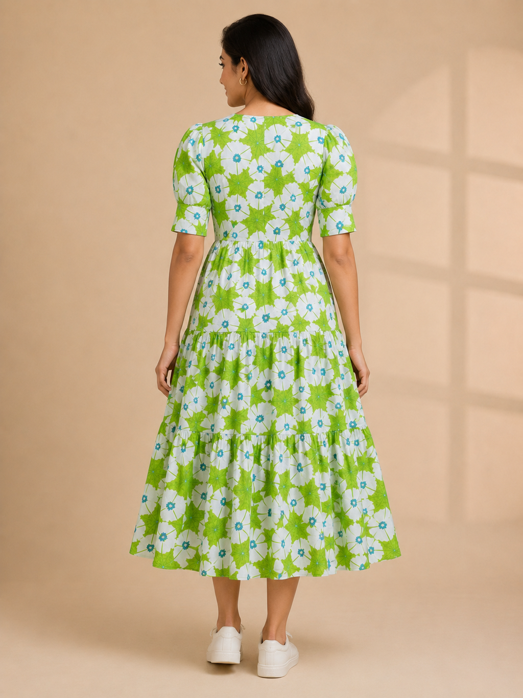Women's Pure Cotton Printed Midi Kurti with Puff Sleeves
