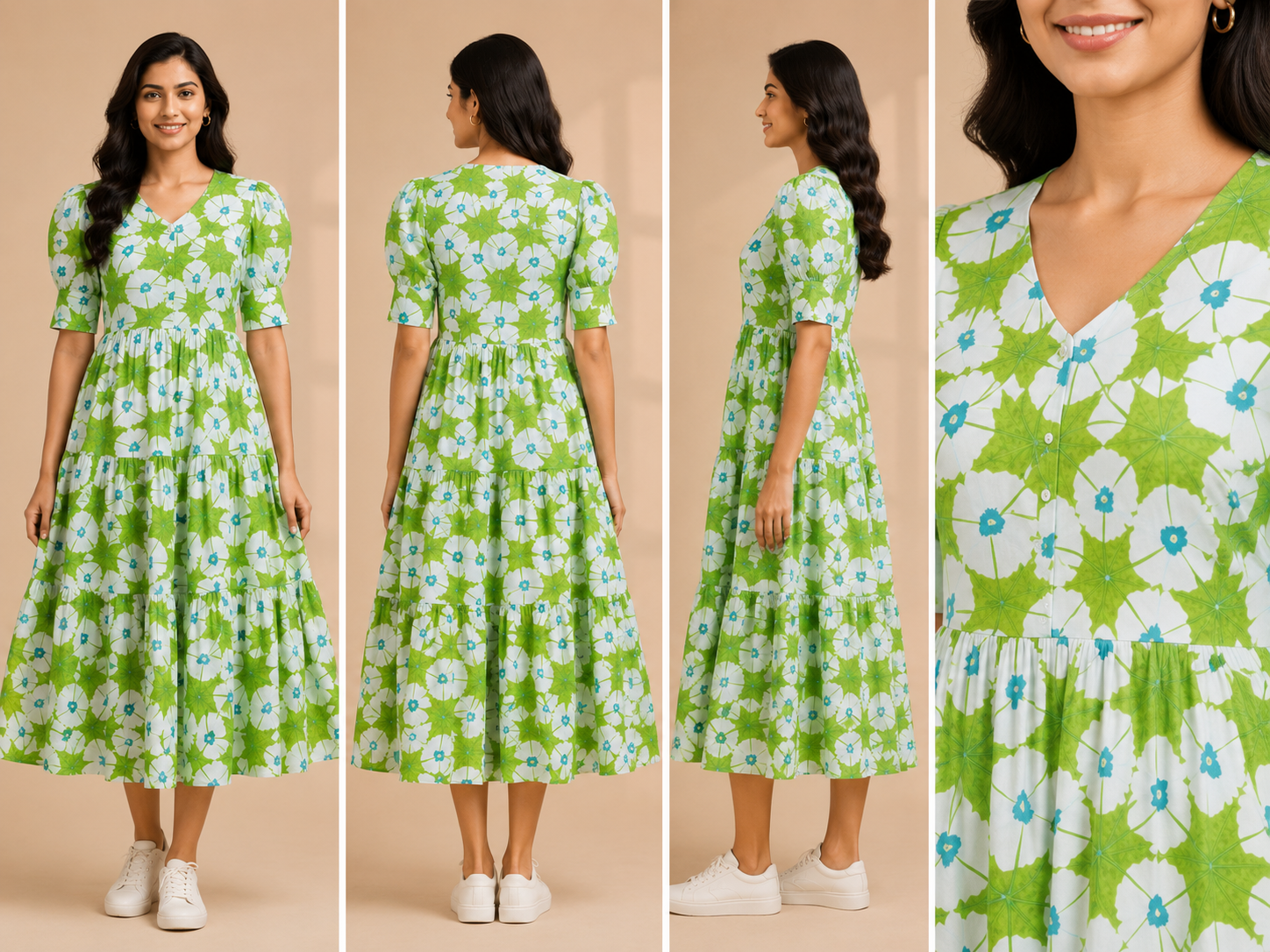 Women's Pure Cotton Printed Midi Kurti with Puff Sleeves