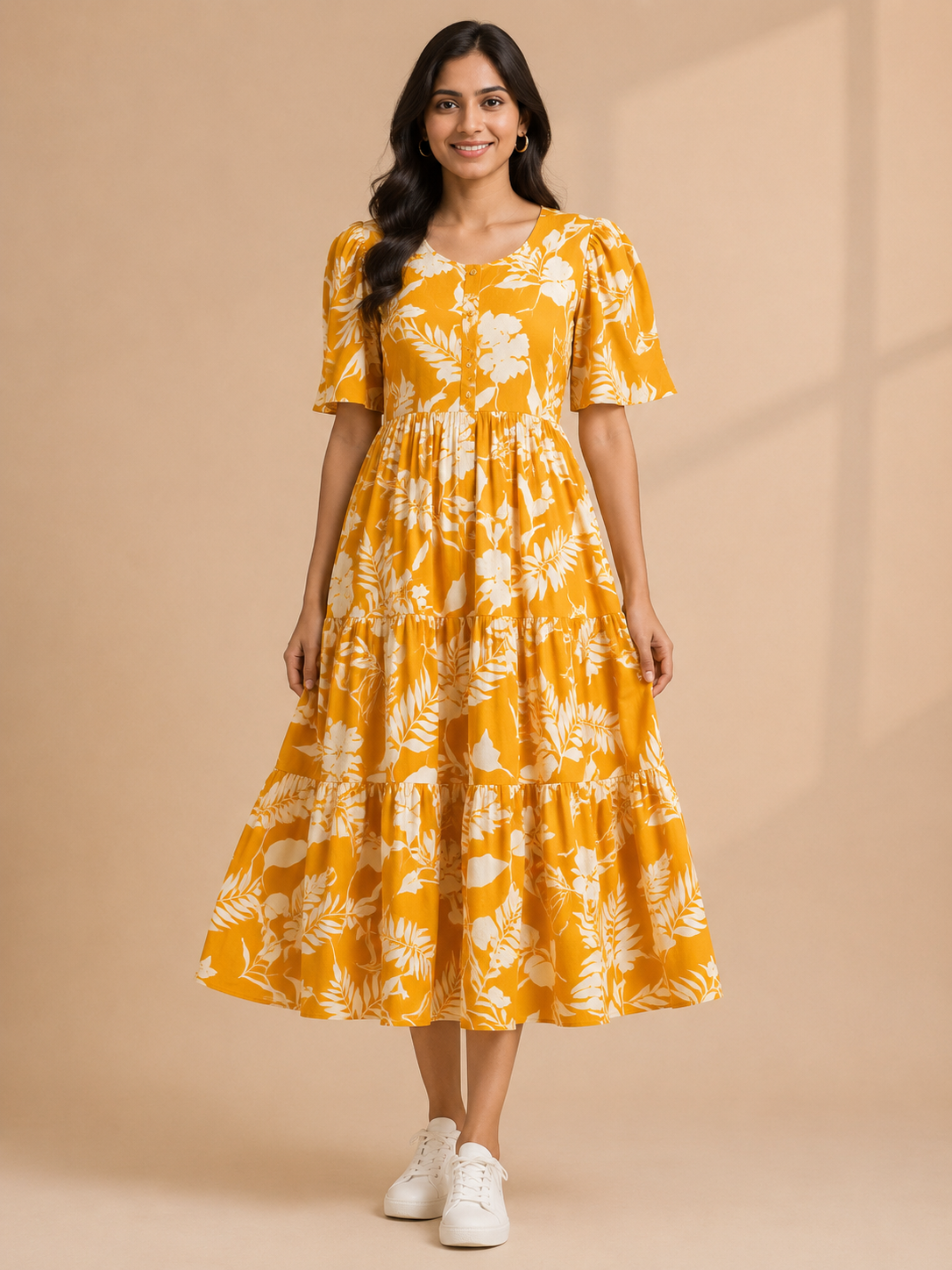 Women's Pure Cotton Printed Midi Kurti with Puff Sleeves