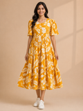 Women's Pure Cotton Printed Midi Kurti with Puff Sleeves