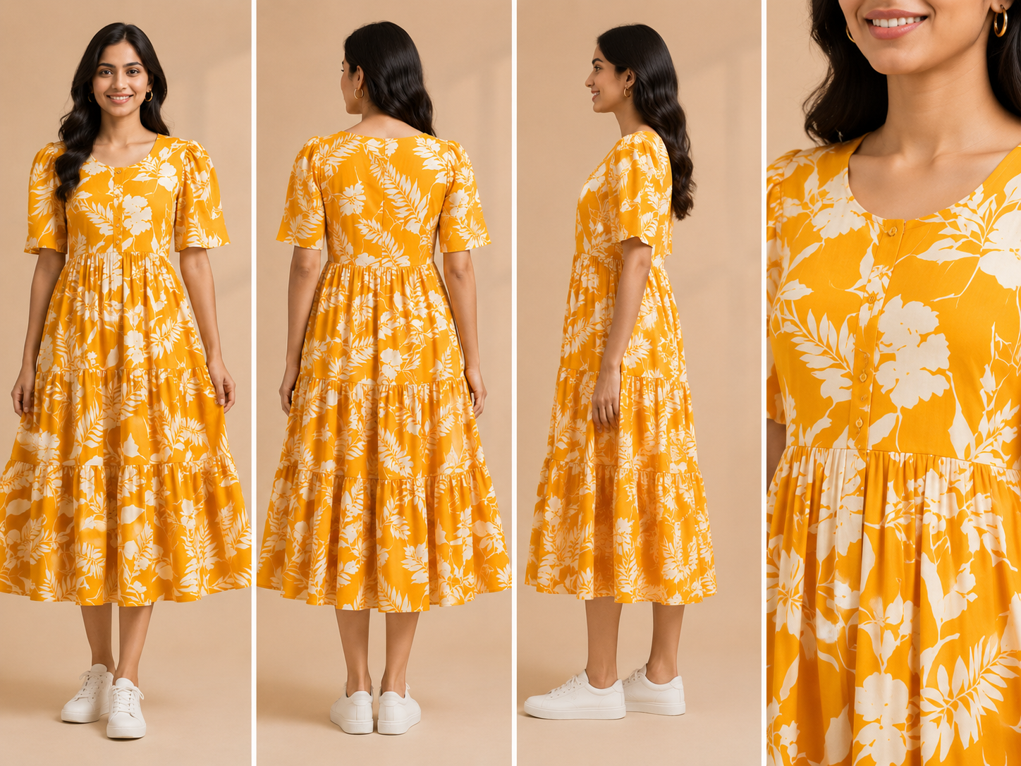 Women's Pure Cotton Printed Midi Kurti with Puff Sleeves