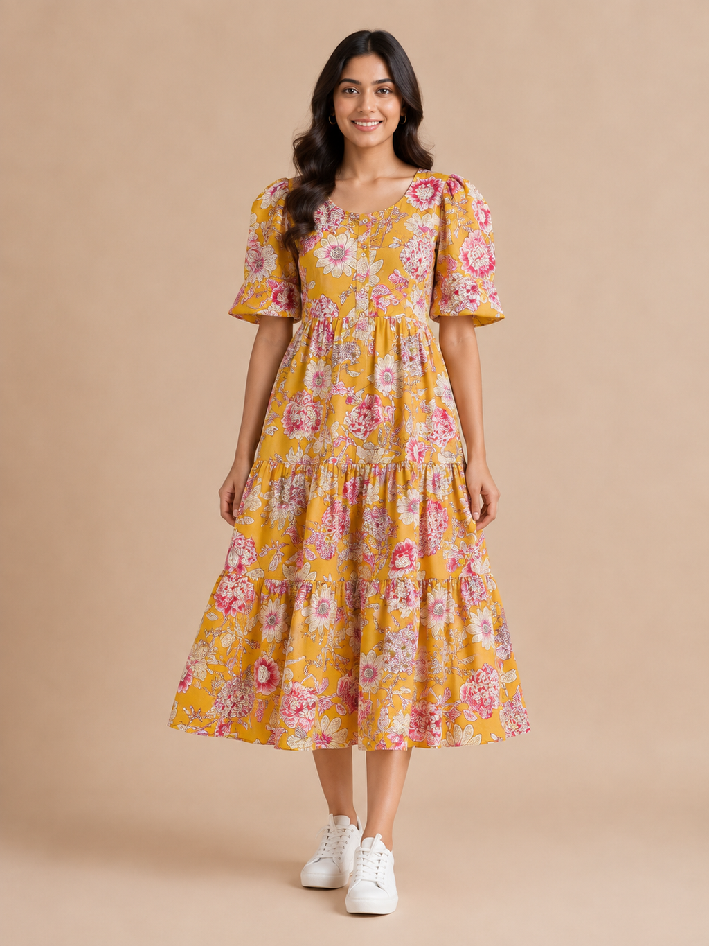 Women's Pure Cotton Printed Midi Kurti with Puff Sleeves