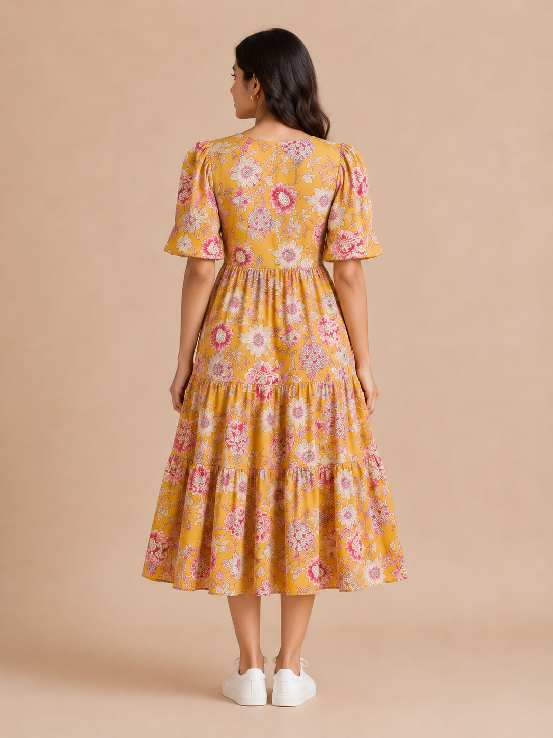 Women's Pure Cotton Printed Midi Kurti with Puff Sleeves