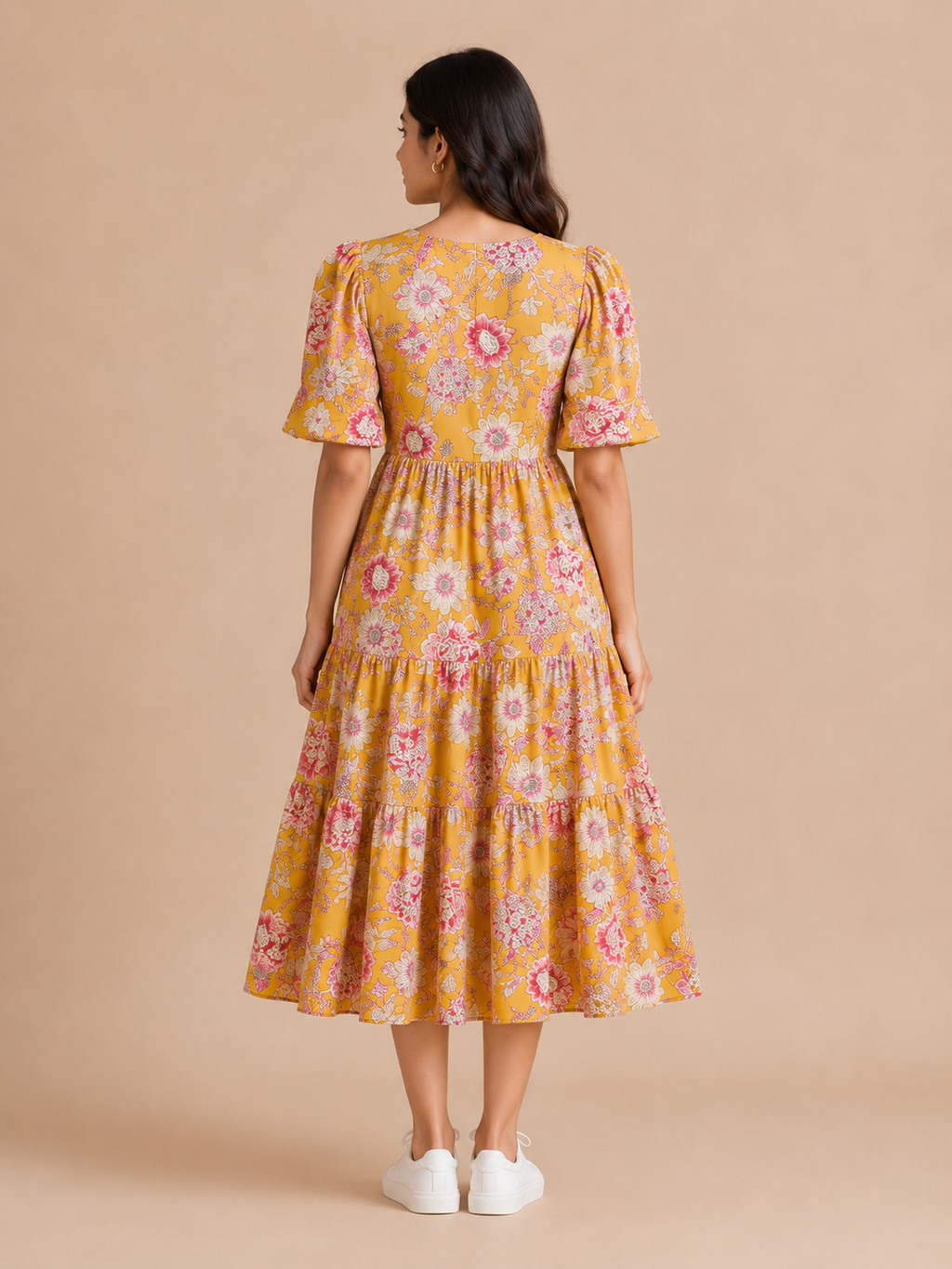 Women's Pure Cotton Printed Midi Kurti with Puff Sleeves
