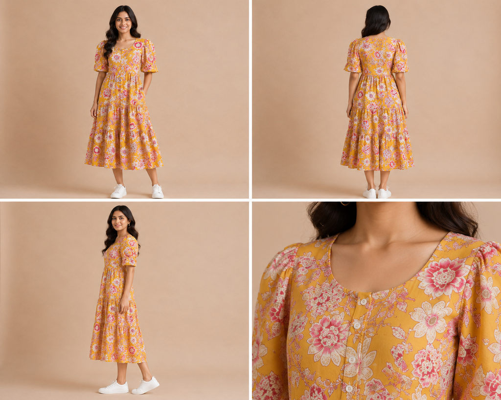 Women's Pure Cotton Printed Midi Kurti with Puff Sleeves